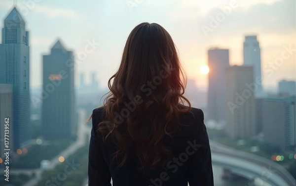 Obraz Back view of a young business woman looking at the cityscape. High quality