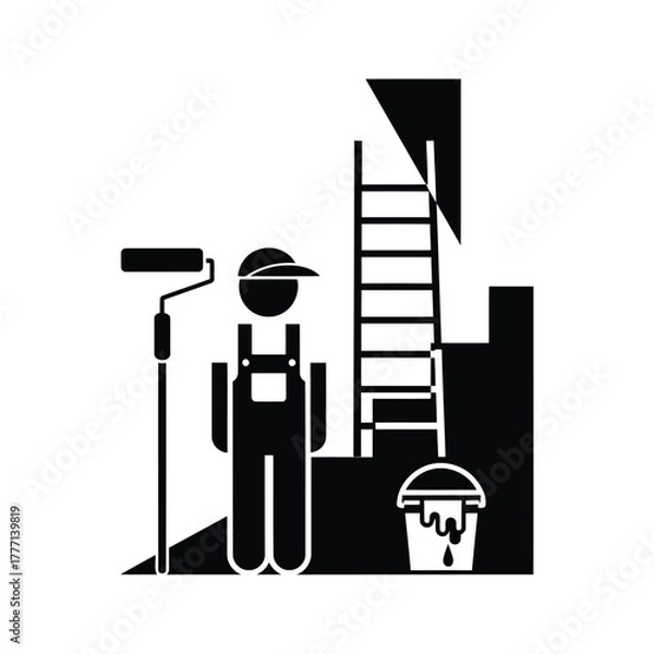 Obraz A minimalist black and white icon representing a painter with tools, including a roller, ladder, and paint bucket, symbolizing construction and renovation