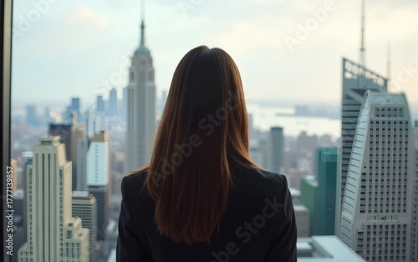 Fototapeta Back view of a young business woman looking at the cityscape. High quality