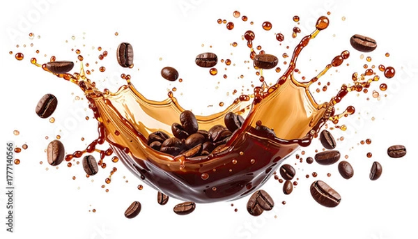 Fototapeta Coffee splash with scattered beans. Dark background. Art