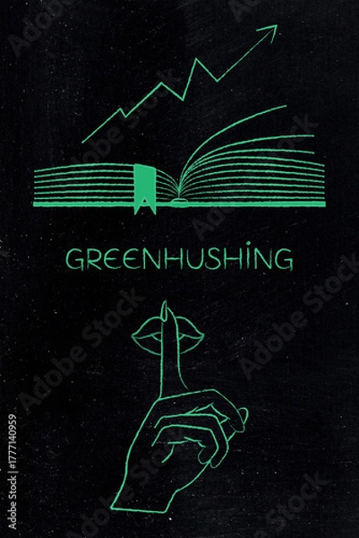 Obraz greenhushing illustration of a shush hand gesture next to green corporate agenda with upward arrow