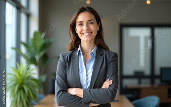 Fototapeta Attractive middle aged businesswoman standing with arms crossed at the office. High quality