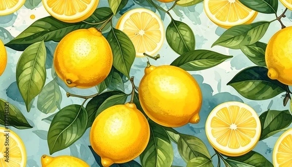 Fototapeta Vibrant illustration of whole lemons and lemon slices with leaves on a light blue background