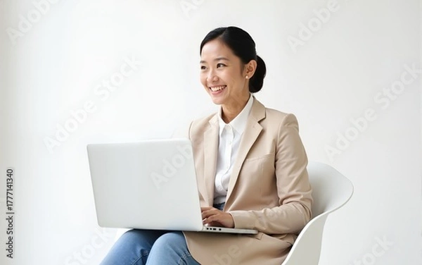 Fototapeta Young business woman asian happy smiling. While her using laptop sitting on white chair and looking isolate on copy space studio background. High quality