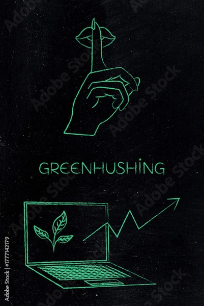Fototapeta greenhushing illustration of a shush hand gesture and laptop with leaves and upward arrow