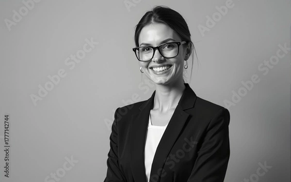 Fototapeta Portrait of a smiling business woman in a suit on a gray monochrome background. Horizontal studio photo with a business lady with copy space. High quality