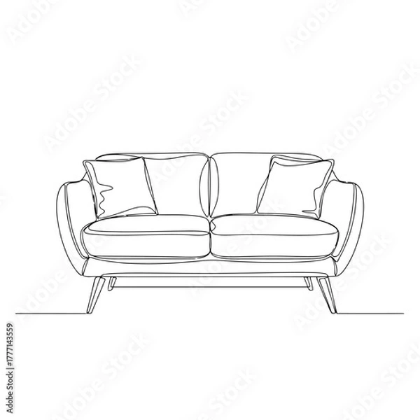 Fototapeta Minimalist single line drawing of a modern sofa with two cushions on a plain