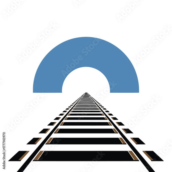 Fototapeta Perspective view of train tracks leading towards a blue semicircle against a