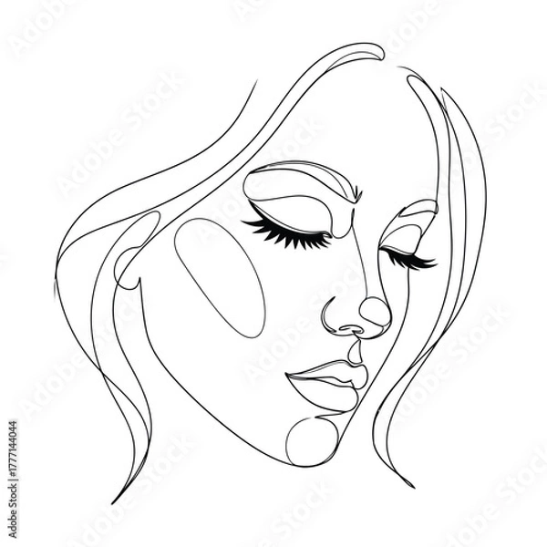 Fototapeta Minimalist line art drawing of a womans face with closed eyes, conveying a sense of peace and introspection
