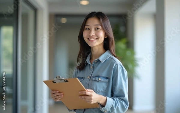 Fototapeta Portrait of young asian woman in casual wear holdng clipboard, smiling and looking at camera while standing in modern office room. High quality
