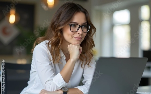 Fototapeta Young businesswoman thinking while using a laptop at work. High quality