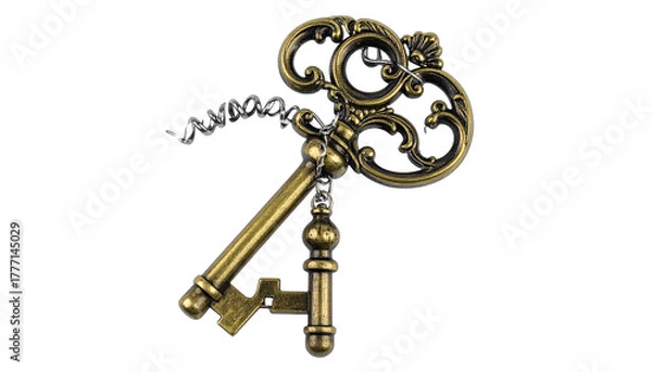 Obraz Ornate golden key with corkscrew against dark background