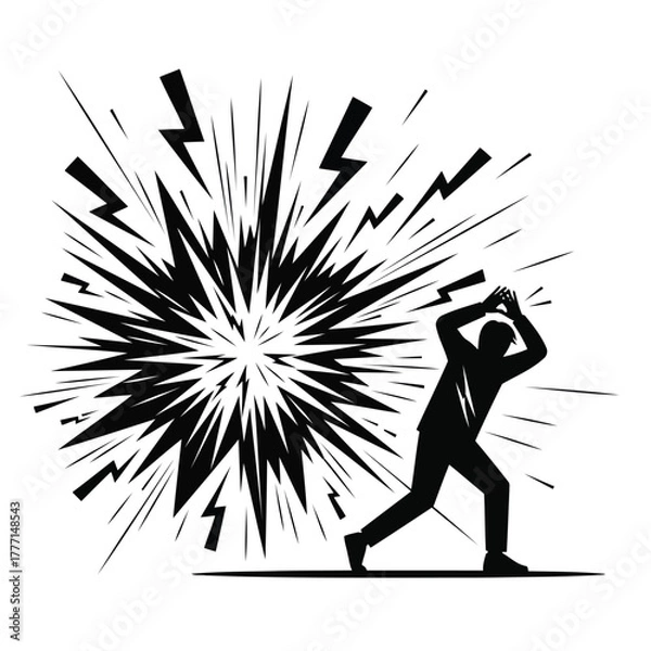 Obraz Silhouette of a man shielding himself from a large explosion or burst of energy