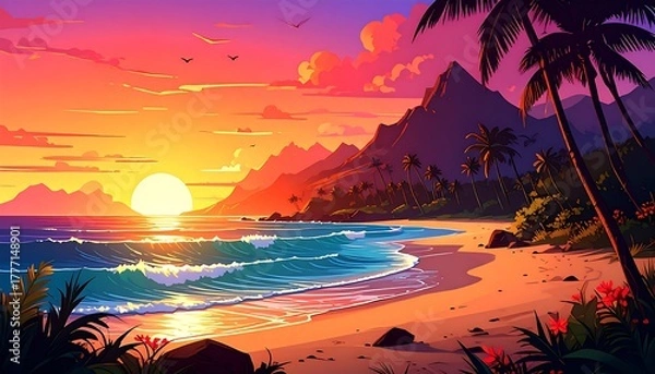 Fototapeta Vibrant sunset over a tropical beach with palm trees and gentle waves