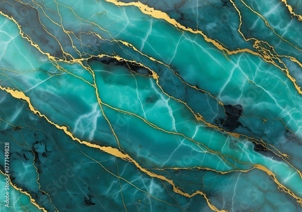 Fototapeta Luxurious abstract texture featuring deep teal and turquoise marble with striking, elegant gold veins