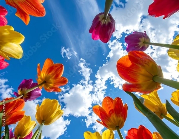 Fototapeta Vibrant tulips viewed from below against a bright blue sky with fluffy white clouds