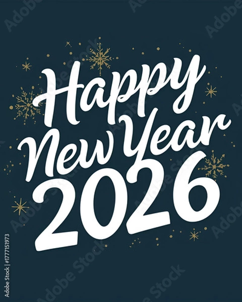 Fototapeta Happy New Year 2026 card, digital greeting card, festive design, dark blue background, gold snowflakes, golden stars, elegant holiday card, luxury design, modern typography, winter celebration, holida