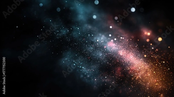 Obraz Commercial high-resolution photo of abstract cosmic dust cloud with glowing particles in vibrant orange and blue hues against a dark background.