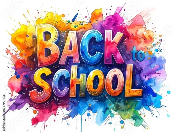 Fototapeta Vibrant watercolor explosion backdrop with 3D "Back to School" text
