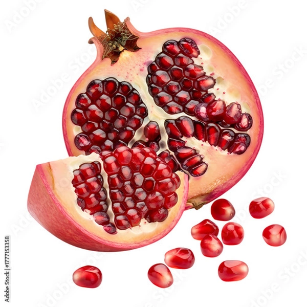 Fototapeta Fresh cut pomegranate seeds, vibrant ruby fruit