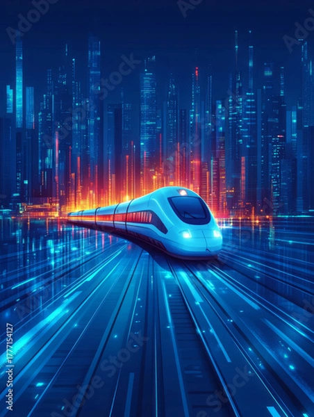 Fototapeta Futuristic high-speed trains weave through city skylines