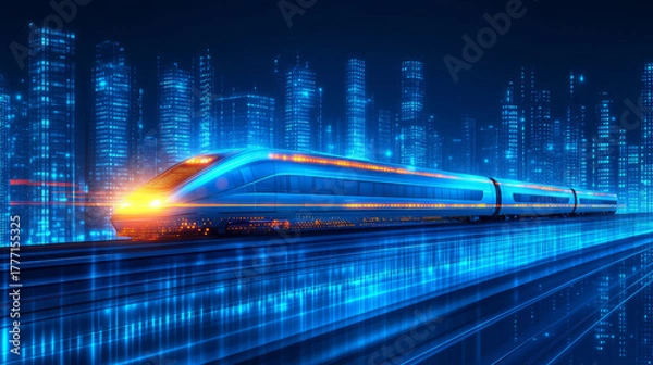 Fototapeta Futuristic high-speed trains weave through city skylines