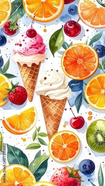 Obraz Watercolor painting of ice cream cones and fruit slices