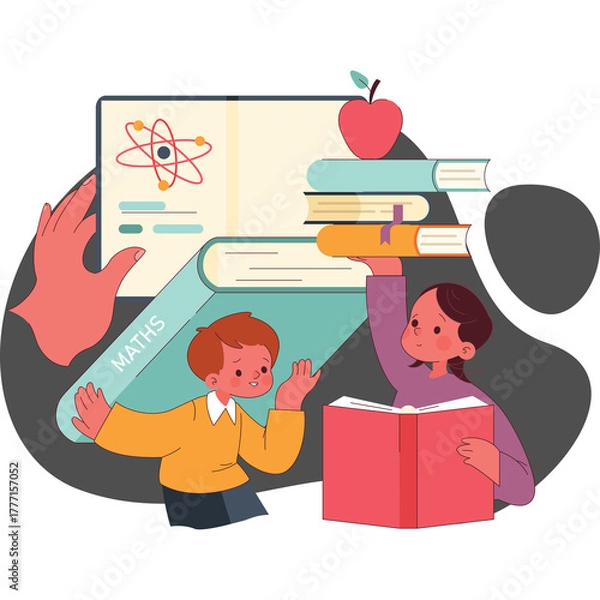 Obraz Childrens Education Learning About Science And Maths With Books An Apple And An Atom Illustration Transparent Background