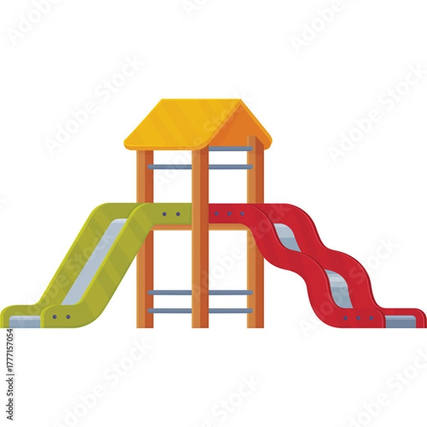 Fototapeta Childrens playground with two colorful slides a yellow roof and wooden structure isolated on transparent background