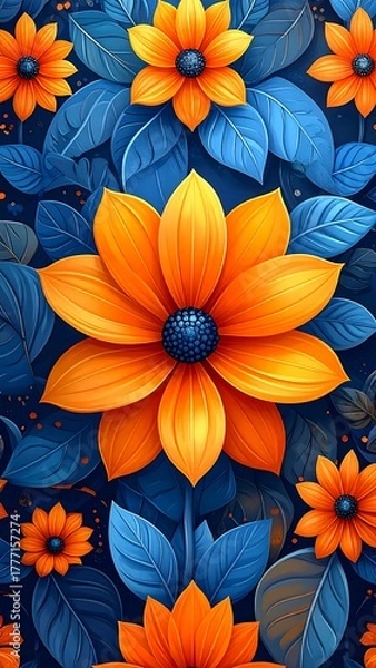 Fototapeta Vibrant orange flowers against a backdrop of deep blue leaves