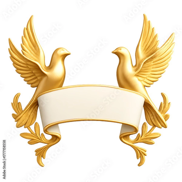 Fototapeta Golden doves holding a banner with laurel wreaths, transparent background