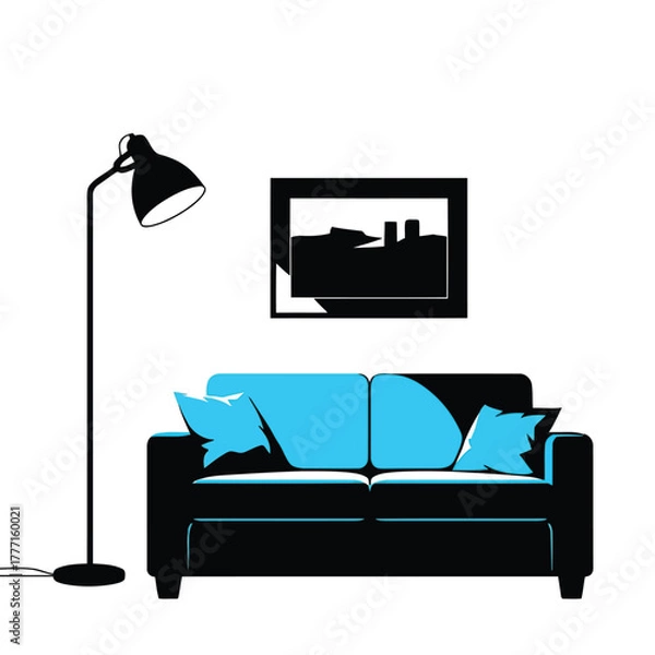 Fototapeta Modern black sofa with bright blue cushions and pillows, next to a black floor lamp, with a framed abstract artwork on a white wall