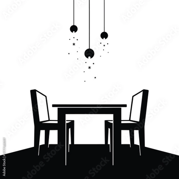 Fototapeta A minimalist silhouette of a dining table with two chairs, set under three hanging light bulbs with falling stars