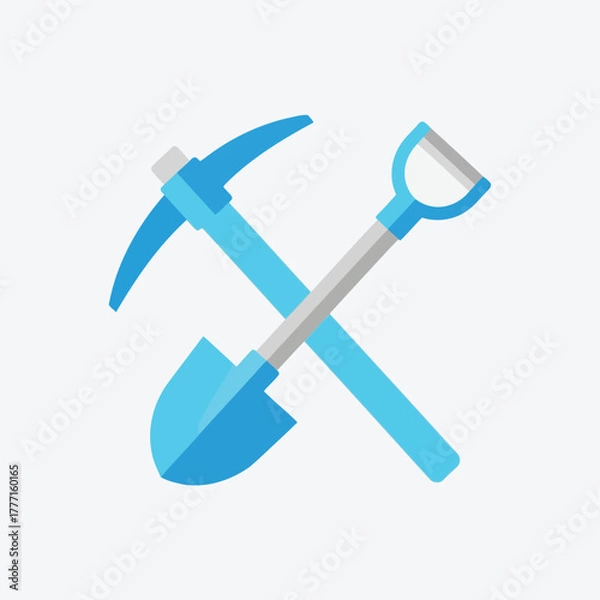 Fototapeta Illustration of a pickaxe and shovel crossed, symbolizing mining, construction, or hard work, in a flat design style with blue and gray colors