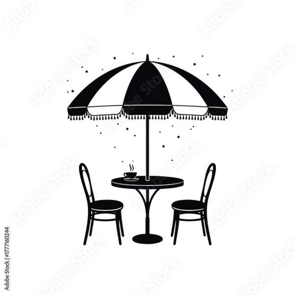 Fototapeta A black silhouette of a cafe table with two chairs and an umbrella, with a cup of coffee on the table, suggesting outdoor dining and relaxation