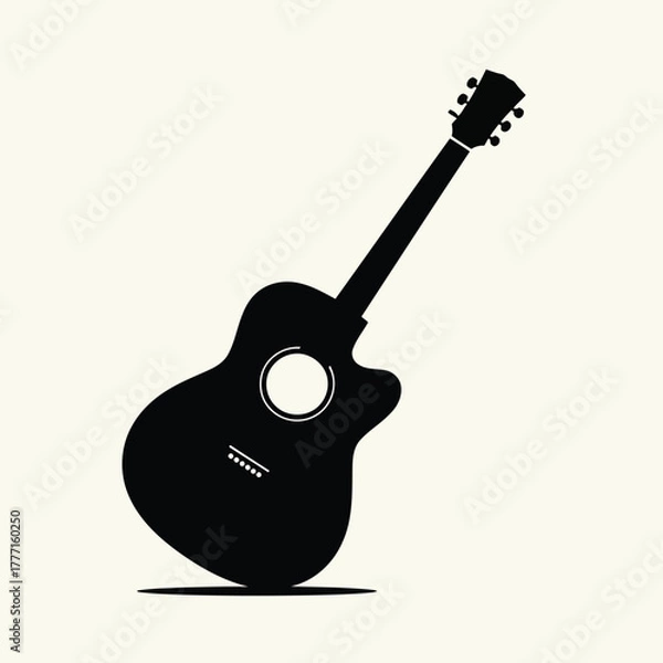 Fototapeta A black silhouette of an acoustic guitar with six strings and a soundhole, isolated on a light cream background, representing music and melody