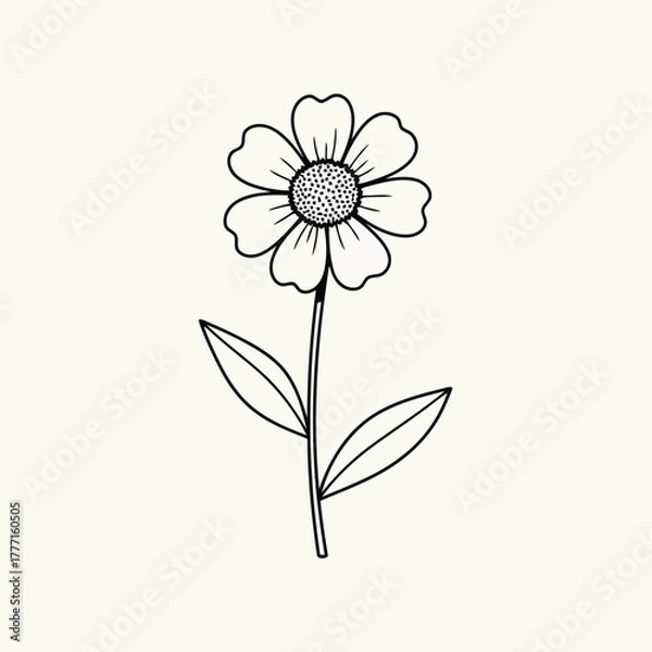 Fototapeta Simple line drawing of a daisy flower with leaves on a plain background, elegant botanical illustration