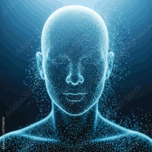 Fototapeta Abstract digital representation of a human head formed by glowing blue particles and contour lines against a dark background, symbolizing consciousness and data