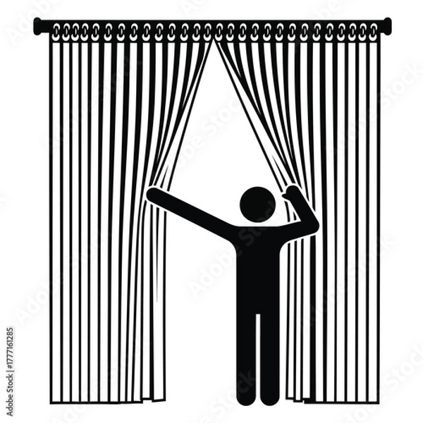 Fototapeta Black silhouette of a person pulling open curtains, revealing a bright space, symbolizing discovery, revelation, or a new beginning