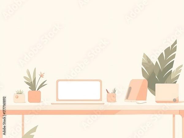 Fototapeta Creative digital office space minimalist line art vector with neutral tones, ideal for web and branding design