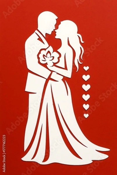 Fototapeta Silhouette of a bride and groom kissing with hearts on red background