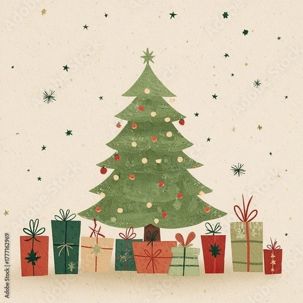 Fototapeta High-resolution minimal Christmas tree illustration with gifts, light green and dark red tones, white space composition, warm festive mood