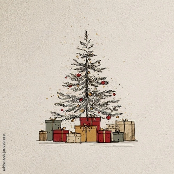 Fototapeta Elegant minimal Christmas tree with gifts illustration, cream paper background, hand-drawn vector art with red and gold accents