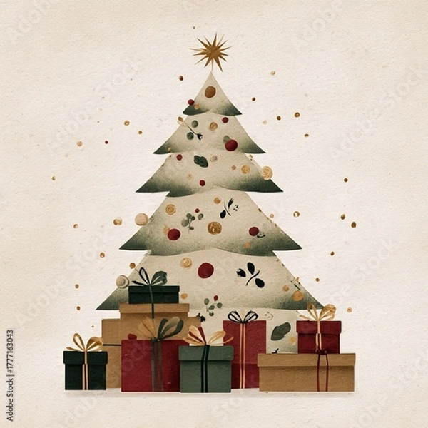 Fototapeta Minimal vector Christmas tree with gifts, cream background and red-gold decorations, elegant festive composition