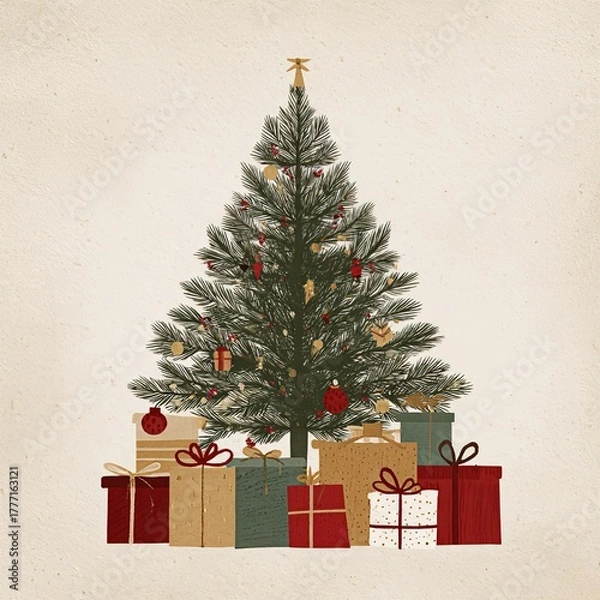 Fototapeta Soft tone Christmas tree with gifts illustration, cream paper background, red and gold accents, elegant minimalist festive art