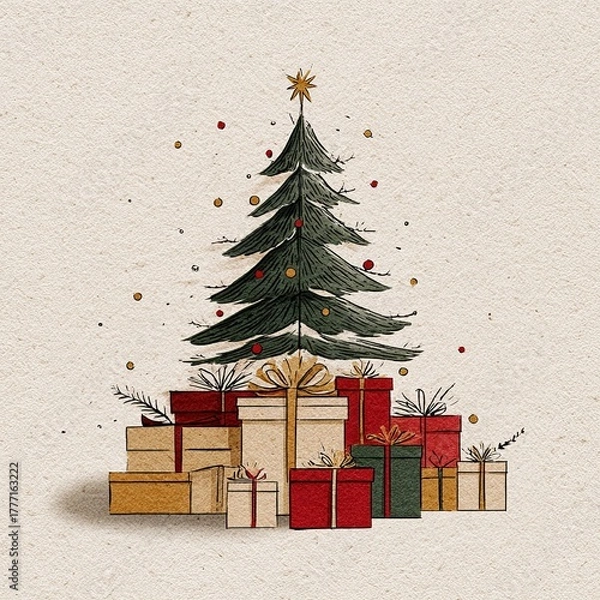 Fototapeta Hand-drawn Christmas tree with gifts on cream background, minimalist design with red and gold accents in soft tones