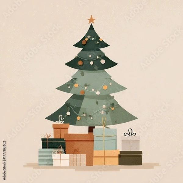 Fototapeta Modern minimal Christmas tree with presents, neutral pastel palette, beige gray background with green and brown accents, vector flat art