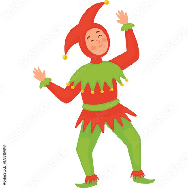 Obraz Joyful Jester Character in Red and Green Costume Dancing Happily with Arms Raised on Transparent Background Simple Flat Design Style