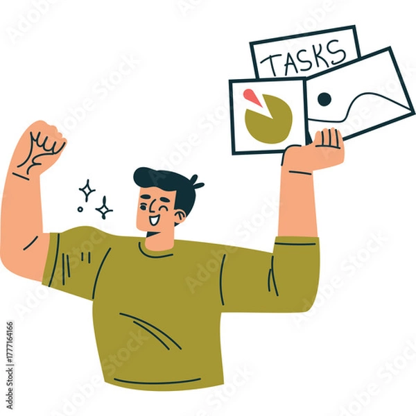 Obraz Joyful Man With Checklist And Pie Chart Celebrating Achievement With Arms Raised In Triumph On Transparent Background