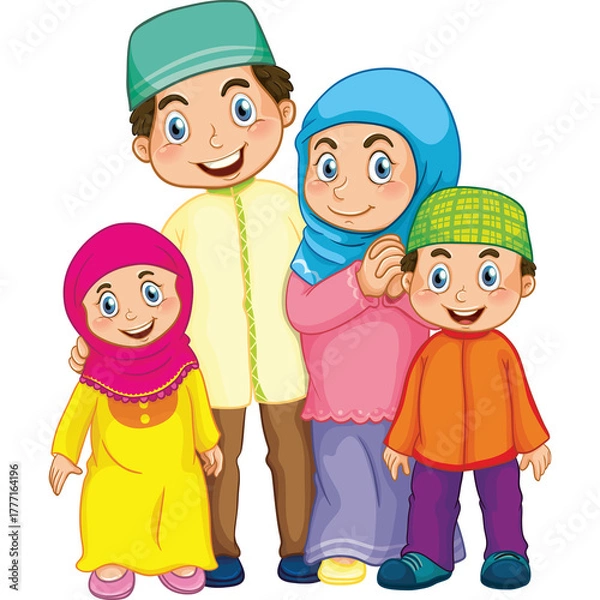 Obraz Joyful Muslim Family Posed Together Wearing Traditional Islamic Clothing with Bright Colors and Smiling Expressions on Transparent Background